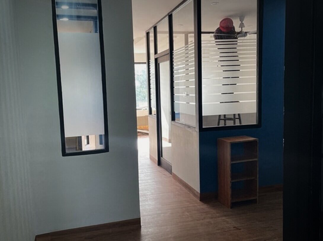 Blue partition wall with frosted glass
